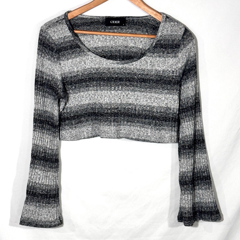 Cider Y2K Grunge Cropped Sweater Bell Sleeve Striped Grey Sz‎ L Whimsigoth Punk